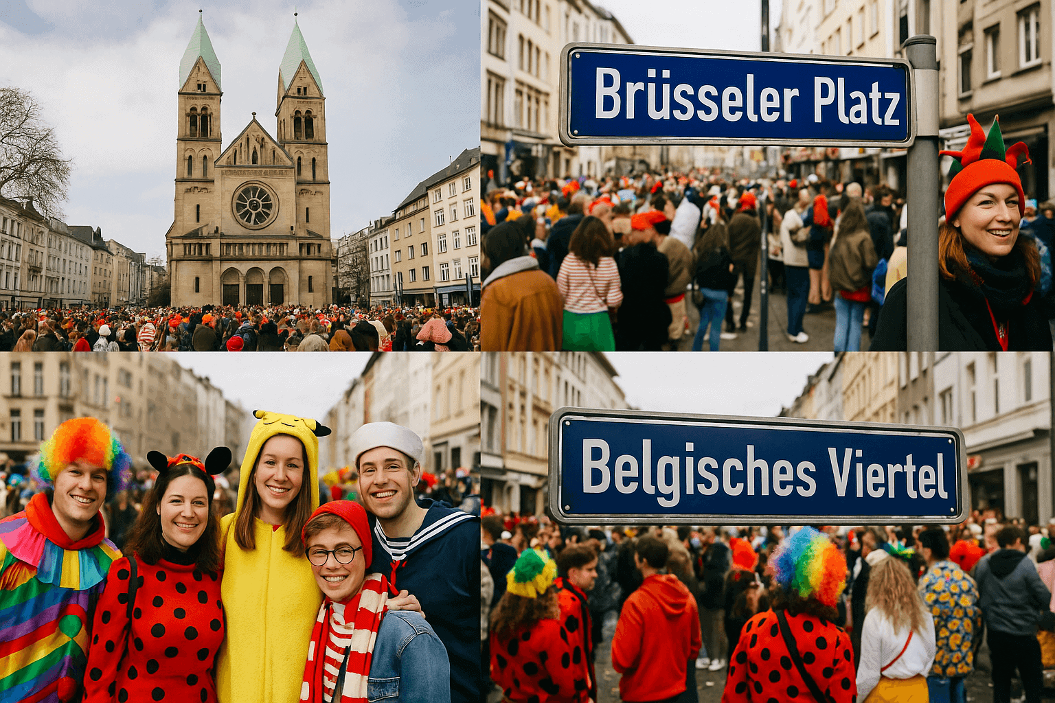 Fotocollage vom Karneval im Belgischen Viertel: Kirche, Straßenschilder „Brüsseler Platz" und „Belgisches Viertel", feiernde Menschen in Kostümen